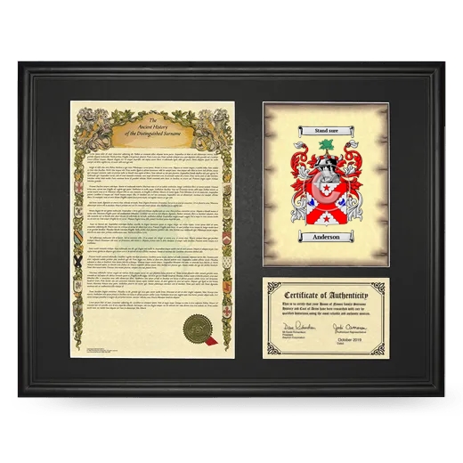 Framed Surname History and Coat of Arms - Black